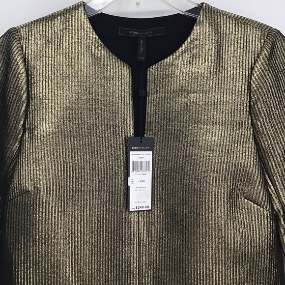 BCBGMaxAZARIA NWT “Judy” Gold Metallic Textured Sheath Dress Party Size XXS - Picture 9 of 10